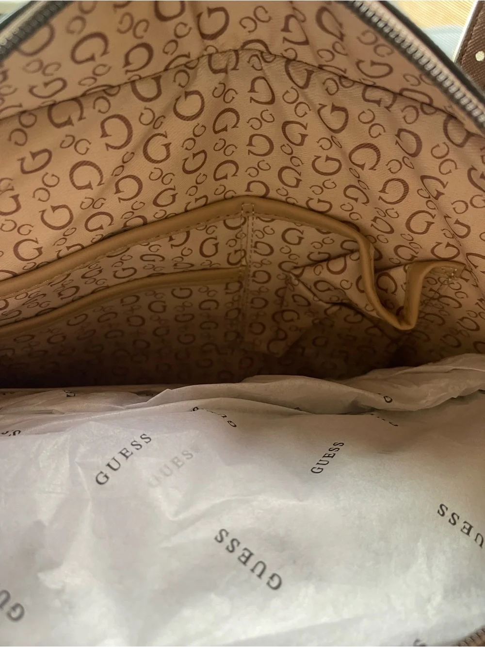 GUESS Tan/Brown Signature Logo Tote with Triangle Emblem